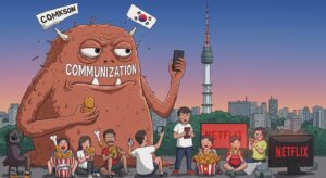 Funny and satirical illustration showing a giant, comical monster labeled 'Communization' with exaggerated, harmless features, being easily dismissed by modern South Korean citizens holding smartphones, eating fried chicken, and watching Netflix. The background should subtly feature iconic South Korean landmarks like the N Seoul Tower, with a bright, vibrant, and slightly humorous color palette. Emphasize lightheartedness and absurdity.