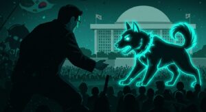 A dynamic and impactful illustration symbolizing a 'guardian dog' (not literal, but symbolic of loyalty) confronting a shadowy, corrupt figure. The dog is stylized, perhaps with a glowing blue-green (futuristic teal) aura, representing vigilant citizens or democratic institutions. The background subtly depicts the Korean National Assembly building and a crowd of people. The overall tone is serious yet hopeful, with elements of modern art and a futuristic teal color scheme. Emphasize the contrast between darkness and light, struggle and resilience.