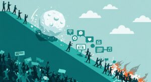 A dynamic illustration showing a steep, slippery slope with a large snowball rolling down, representing political extremism. The top of the slope features small figures representing societal grievances and initial discontent. The middle shows social media icons and echo chambers. At the bottom, chaotic scenes of protests and riots. The overall color scheme should be in shades of teal, light gray, and hints of a bright, hopeful accent color, conveying a sense of urgency and a call to action. The style should be modern and engaging, suitable for a blog post.