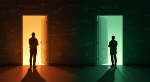 A thoughtful middle-aged person looking at two doors, one glowing brightly and the other in shadow, with quantum physics symbols (e.g., superposition, probability waves) subtly integrated into the background. The scene should evoke a sense of introspection and the subtle influence of unseen forces. Soft, warm lighting. Green and orange color palette.