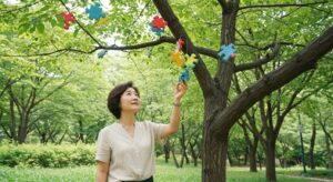 Middle-aged Korean Woman Looking Up at Puzzle Pieces on a Tree on a Clear Day