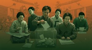 A thought-provoking image showing diverse Korean citizens, some appearing working-class or economically struggling, casting ballots into a transparent ballot box, with a faint, subtle overlay of traditional Korean motifs or symbols in the background. The scene should evoke a sense of democratic participation juxtaposed with underlying socio-economic complexities. The color scheme should lean towards green and orange tones, reflecting a blend of vitality and warmth, without being overtly political. Focus on the human element and the act of voting, rather than specific political figures or flags. Soft, diffused lighting