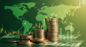 A vibrant and dynamic image representing global currency exchange. In the foreground, a stack of diverse coins (KRW, USD, EUR, JPY) on a graph showing fluctuating lines, symbolizing currency rates. In the background, a subtle, blurred world map with interconnected lines, hinting at global economic factors. The overall color scheme should be bright green and orange, reflecting a lively and informative tone. Include subtle elements like a magnifying glass over a chart or abstract data points to convey analysis. The style should be modern and engaging, suitable for a financial blog.