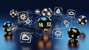 "A futuristic and sleek digital interface showing floating 3D lottery balls with glowing numbers, interconnected with weather icons like a sun and raindrops, integrated with neural network patterns, deep blue and metallic gold color theme, high-quality cinematic lighting, 8k resolution."