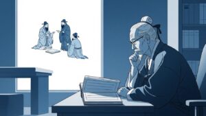 "A classic blue themed illustration of an older, thoughtful Korean man (an 'ahjussi') sitting in a quiet, modern study, looking intently at an ancient, open book (like the Analects), with a subtle, stylized image of Confucius (Kongzi) advising a student in the background. The mood is calm, reflective, and deep. Minimalist, modern ink wash style with classic blue and white tones."