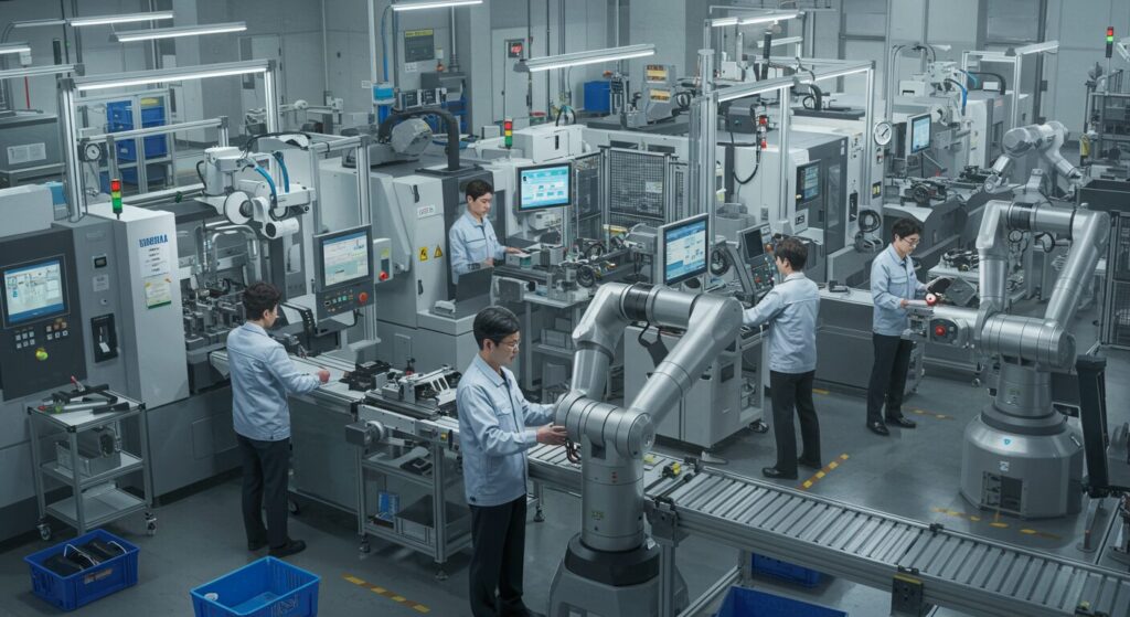 자동화된 공장에서 사람들이 일을 하고 있다
