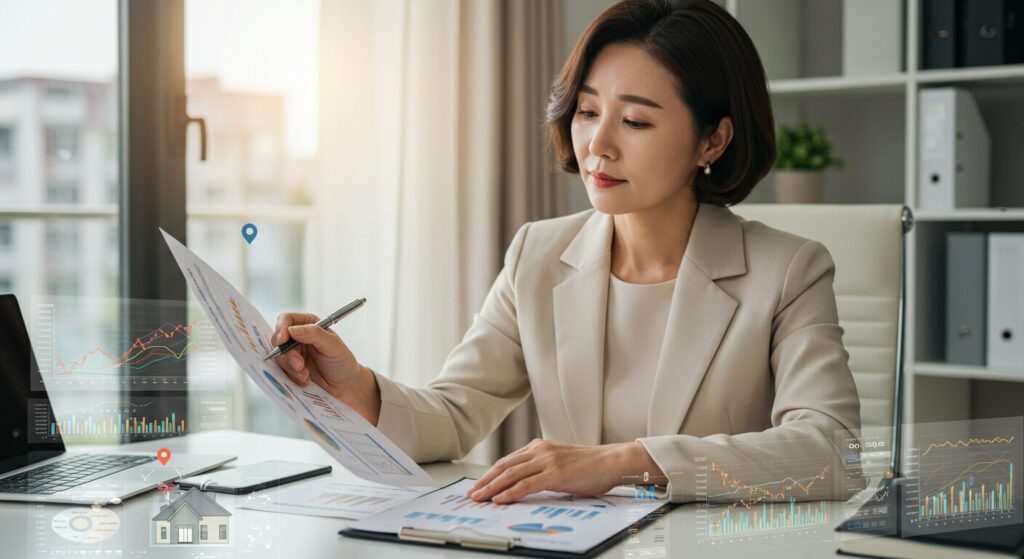 중년 여성이 문서를 보고 있다.