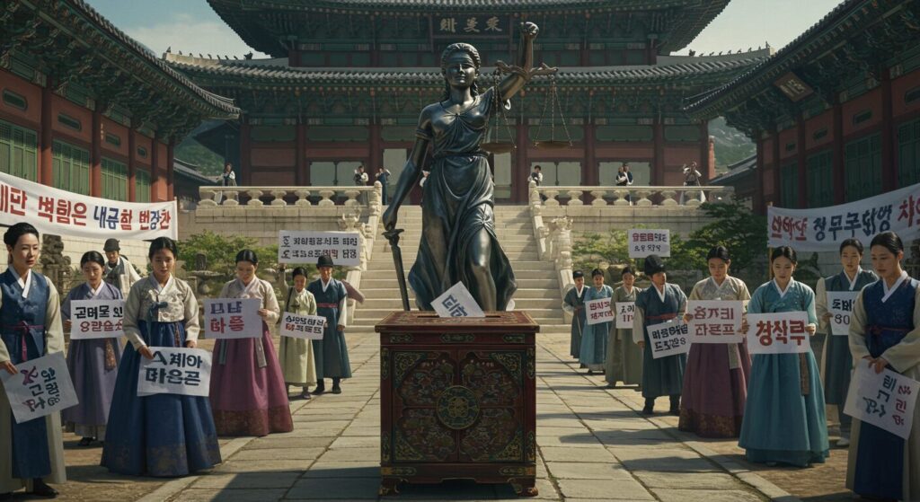 Image symbolizing the Supreme Court crisis and Korean aristocratic culture with Lady Justice, protesting citizens, and a ballot box.