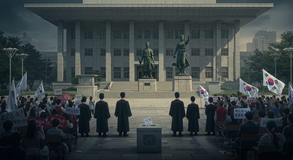 A modern South Korean Supreme Court building with a statue of Lady Justice and judges in robes standing in front, while an angry crowd of citizens holds placards in protest in the background. A faintly visible aristocratic figure in traditional Korean yangban attire appears, with a ballot box and flags symbolizing democracy prominently featured. Dramatic dark-toned atmosphere, high-resolution, realistic style.