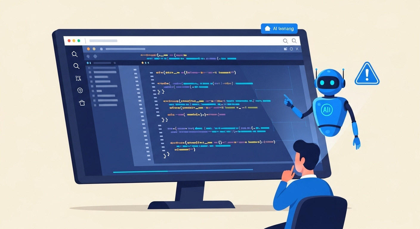 "A dynamic and futuristic Integrated Development Environment (IDE) interface on a large monitor, showing AI-generated code snippets in bright blue text. On the side, a holographic projection of an AI assistant (like a sleek blue robot icon) is pointing out a potential bug with a warning sign. The overall color scheme is classic blue, white, and subtle teal. Professional software developer is sitting in front of the screen, looking satisfied. Sci-fi, clean, high-tech illustration."