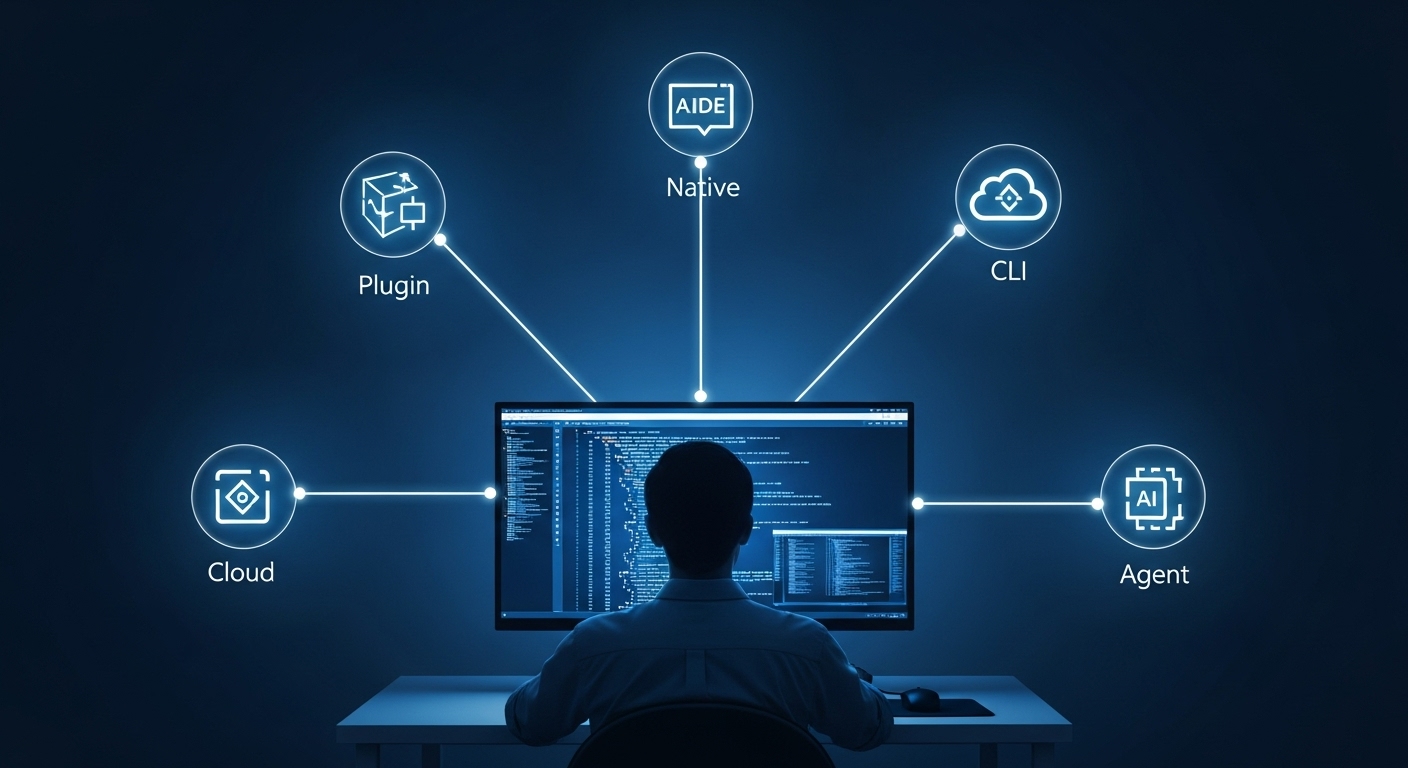 "A sleek, futuristic coding environment concept. A developer is sitting in front of a monitor displaying glowing blue and white code. Surrounding the developer, five distinct, stylized holographic icons representing the different AI IDE types (Plugin, Native, CLI, Cloud, Agent) are connected to the central code editor by thin, luminous lines. The dominant color palette should be classic blue and bright white, symbolizing intelligence and stability. High-tech, low-key lighting, focused on productivity."